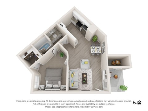 Floor plan for 1 bed, 1 bath, 603 sqft